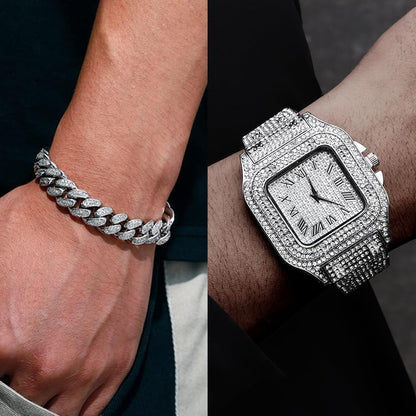 HOTApzzic Diamond Iced Out Watch CZ Gold Plated 40mm Width Roman Numerals Dial Quartz Wristband Watch for Men Women