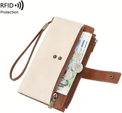 HOTWomen's Long Wallet, Stylish Clutch, Elegant Solid Color RFID Blocking Wallet, Large Capacity Bifold Zipper Card Case Organizer with Wrist Strap, ID Window, Ladies Gift Woman (Brown)