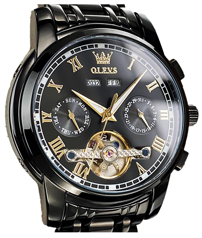HOTOLEVS Self Winding Watches for Men Automatic Mechanical Dress Tourbillon Stainless Steel Dual Calendar Waterproof Luminous Wrist Watch