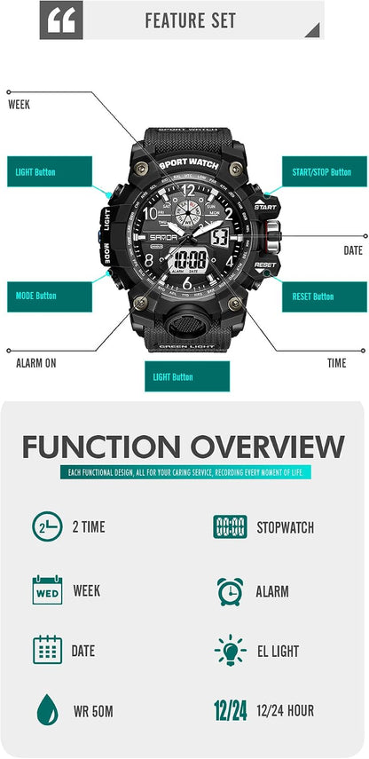 HOTKXAITO Men's Watches Sports Outdoor Waterproof Military Wrist Watch Date Multi Function Tactics LED Alarm Stopwatch