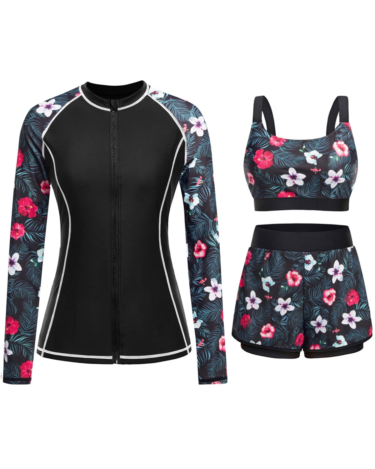 HOTDaci 3 Piece Rash Guard Set with 3'' Shorts | UPF 50+ Sun Protection, Long Sleeve Swim Shirt, High Rise, Built-in Bra, Removable Pads, for Beach, Pool, and Surfing