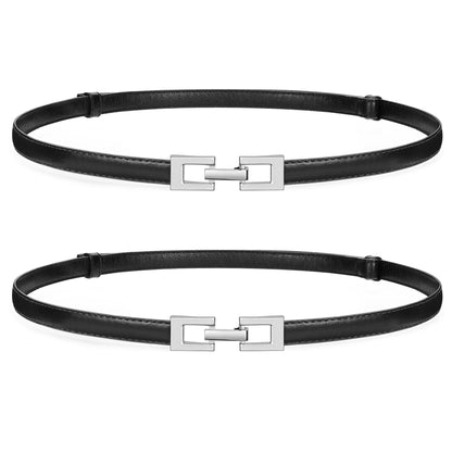 HOTWERFORU 2 Pack Women Skinny Belt Thin Waist Belt for Pants Leather Belt with Gold Buckle for Jeans Dress,0.6" width