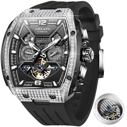 HOTOLEVS Skeleton Men Watches Automatic Business Luxury Diamond Self Winding Watch for Men Stainless Steel Calendar Wrist Watch