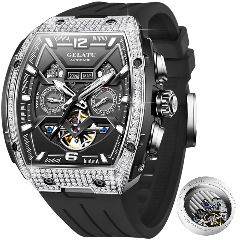 HOTOLEVS Skeleton Men Watches Automatic Business Luxury Diamond Self Winding Watch for Men Stainless Steel Calendar Wrist Watch