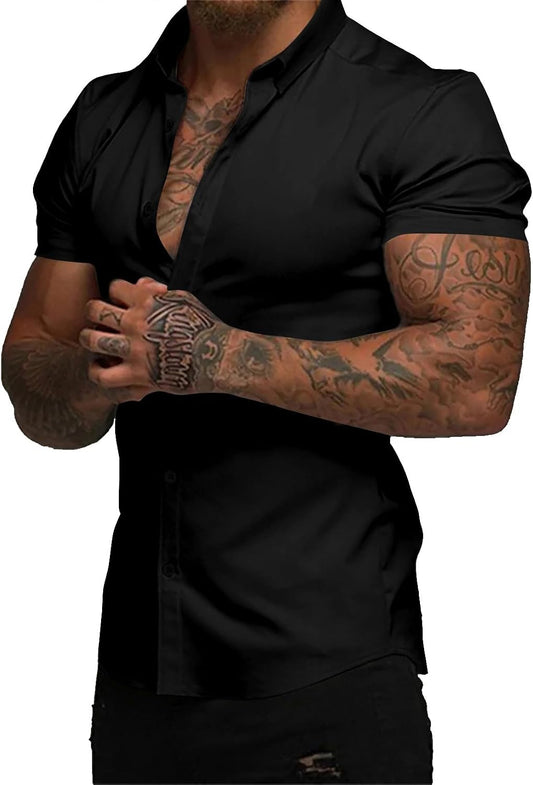 HOTJMIERR Men's Muscle Fit High Stretch Wrinkle-Free Button Down Dress Shirts Summer Casual Short Sleeve Shirt
