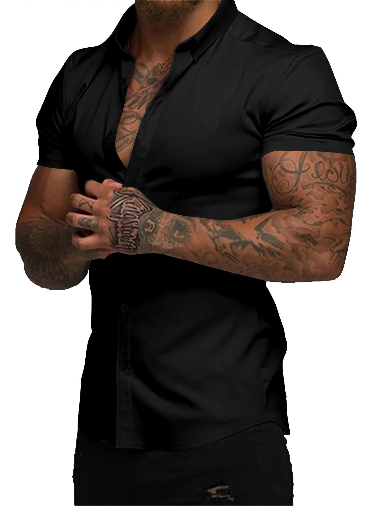 HOTJMIERR Men's Muscle Fit High Stretch Wrinkle-Free Button Down Dress Shirts Summer Casual Short Sleeve Shirt