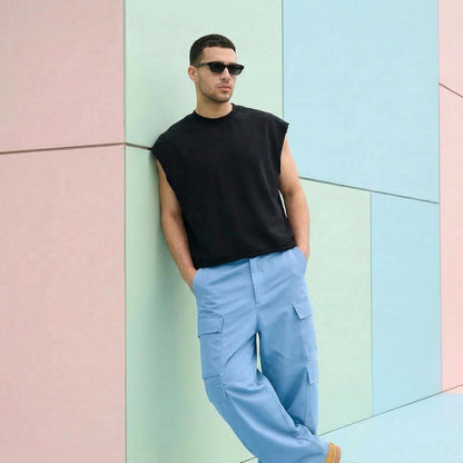 HOTMen's Cropped Tank Top Boxy Oversized for Bigger Frames, 320GSM Heavyweight French Terry Sleeveless Tee Raw Hem Streetwear