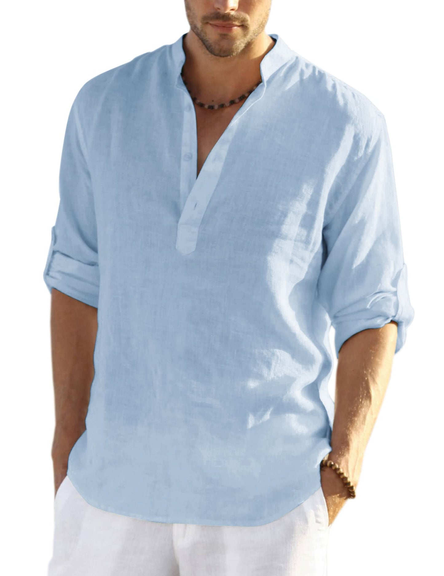 HOTCOOFANDY Men's Cotton Linen Henley T-Shirt Long Sleeve Hippie Casual Beach T-Shirts