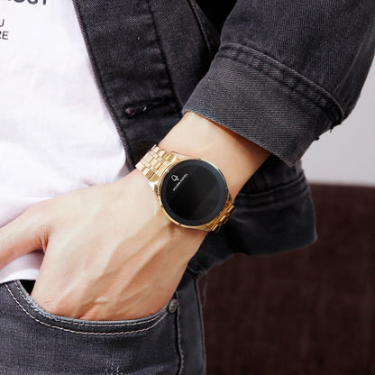 HOTPASOY Touch Screen Digital LED Watch Green Highlight Backlight Stainless Steel WatchBand Waterproof Casual Sport Mens Womens Boys Watch (Gold)
