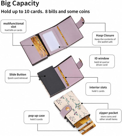 HOTRFID Blocking Trifold Women's Wallet, Slim Floral Leather Card Holder with Multiple Card Slots (Purple)