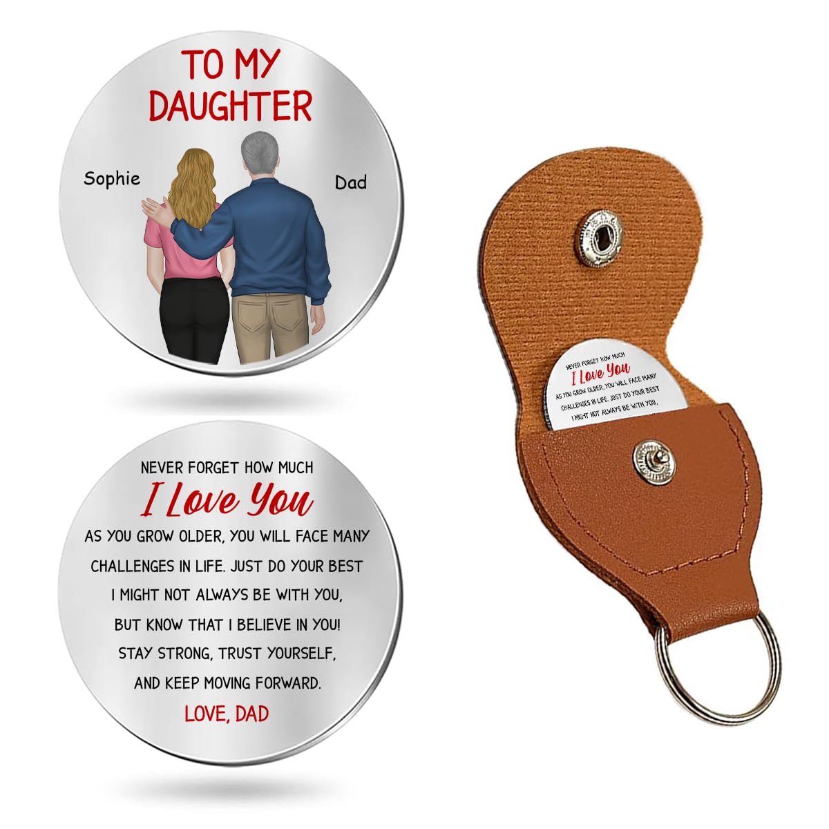 HOTWrappiness Pocket Hug from Dad to Daughter – Custom Coin with Leather Case, Personalized Token Gift for Daughter from Father