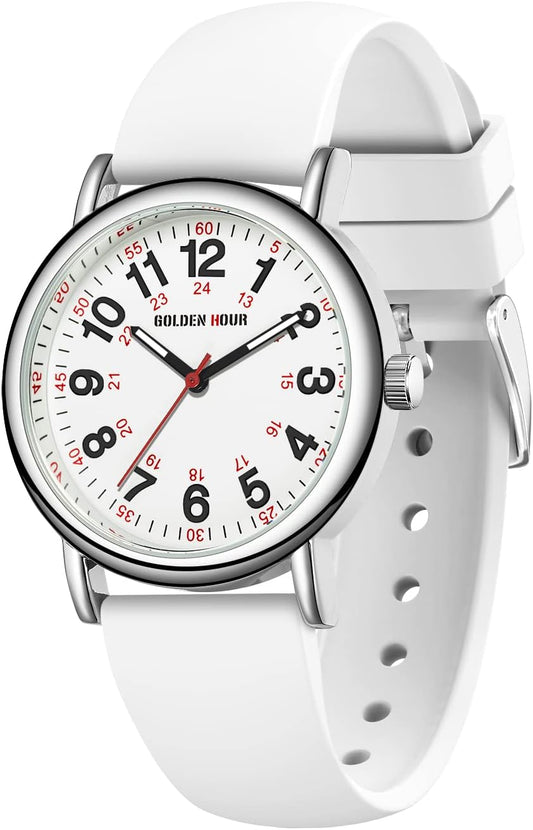 HOTGOLDEN HOUR Waterproof Nurse Watch for Medical Professionals, Students Women Men - Military Time Luminouse Easy Read Dial, 24 Hour with Second Hand, Colorful Silicone Band