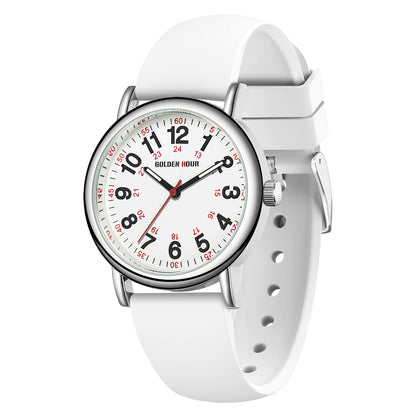 HOTGOLDEN HOUR Waterproof Nurse Watch for Medical Professionals, Students Women Men - Military Time Luminouse Easy Read Dial, 24 Hour with Second Hand, Colorful Silicone Band