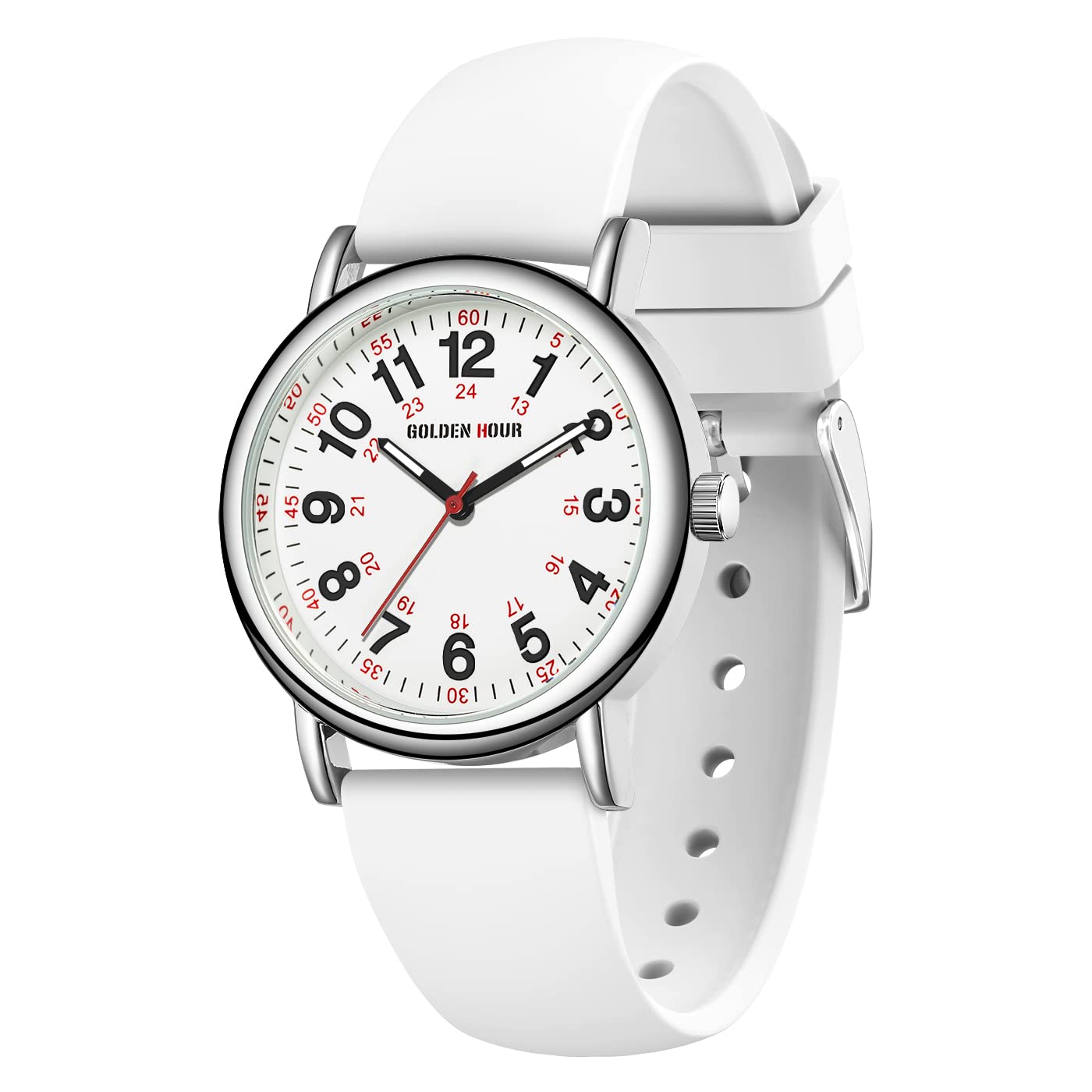 HOTGOLDEN HOUR Waterproof Nurse Watch for Medical Professionals, Students Women Men - Military Time Luminouse Easy Read Dial, 24 Hour with Second Hand, Colorful Silicone Band