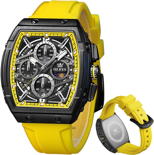 HOTOLEVS Men Watches Business Dress Chronograph Big Square Quartz Analog Male Watch Silicone Strap Waterproof Date Gift Mens Wrsit Watch Silver