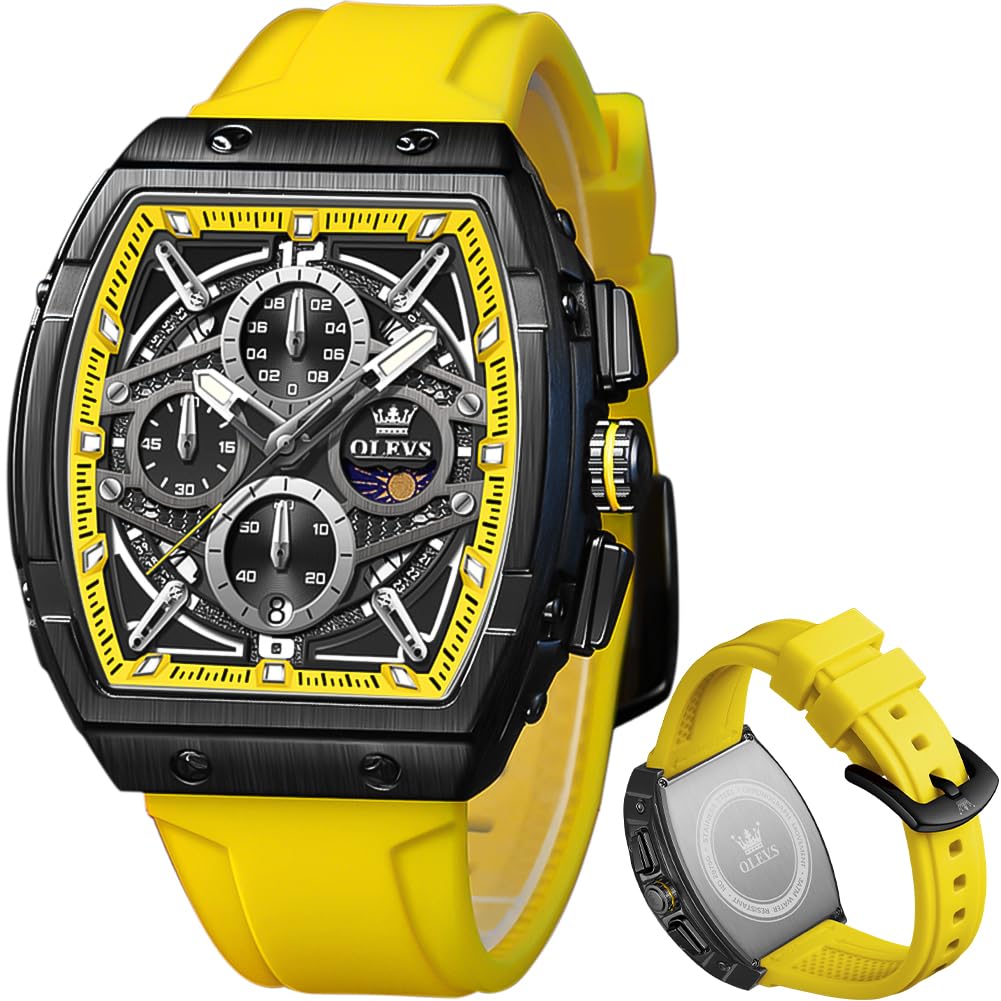 HOTOLEVS Men Watches Business Dress Chronograph Big Square Quartz Analog Male Watch Silicone Strap Waterproof Date Gift Mens Wrsit Watch Silver
