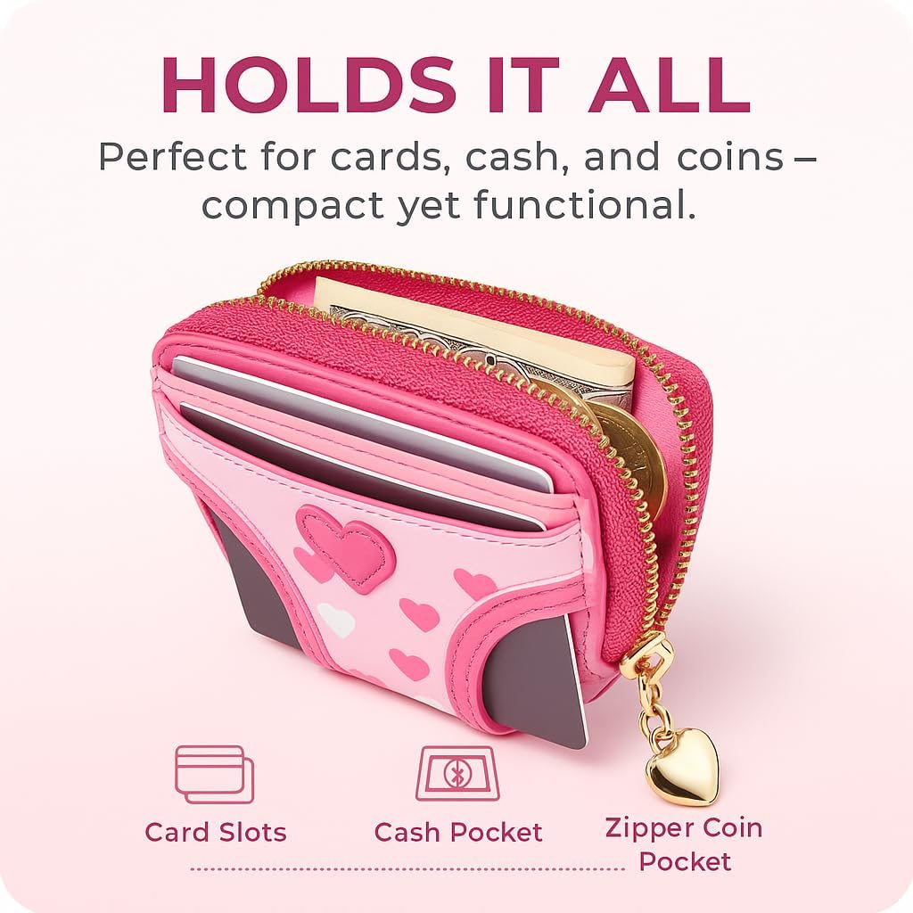 HOTHero's ID Pink Underwear-Shaped Wallet for Women — Cute Heart Mini Zipper Wallet, Faux Leather Coin Purse, Small Card Holder & Compact Purse for Cash, Unique Gift for Girls & Women