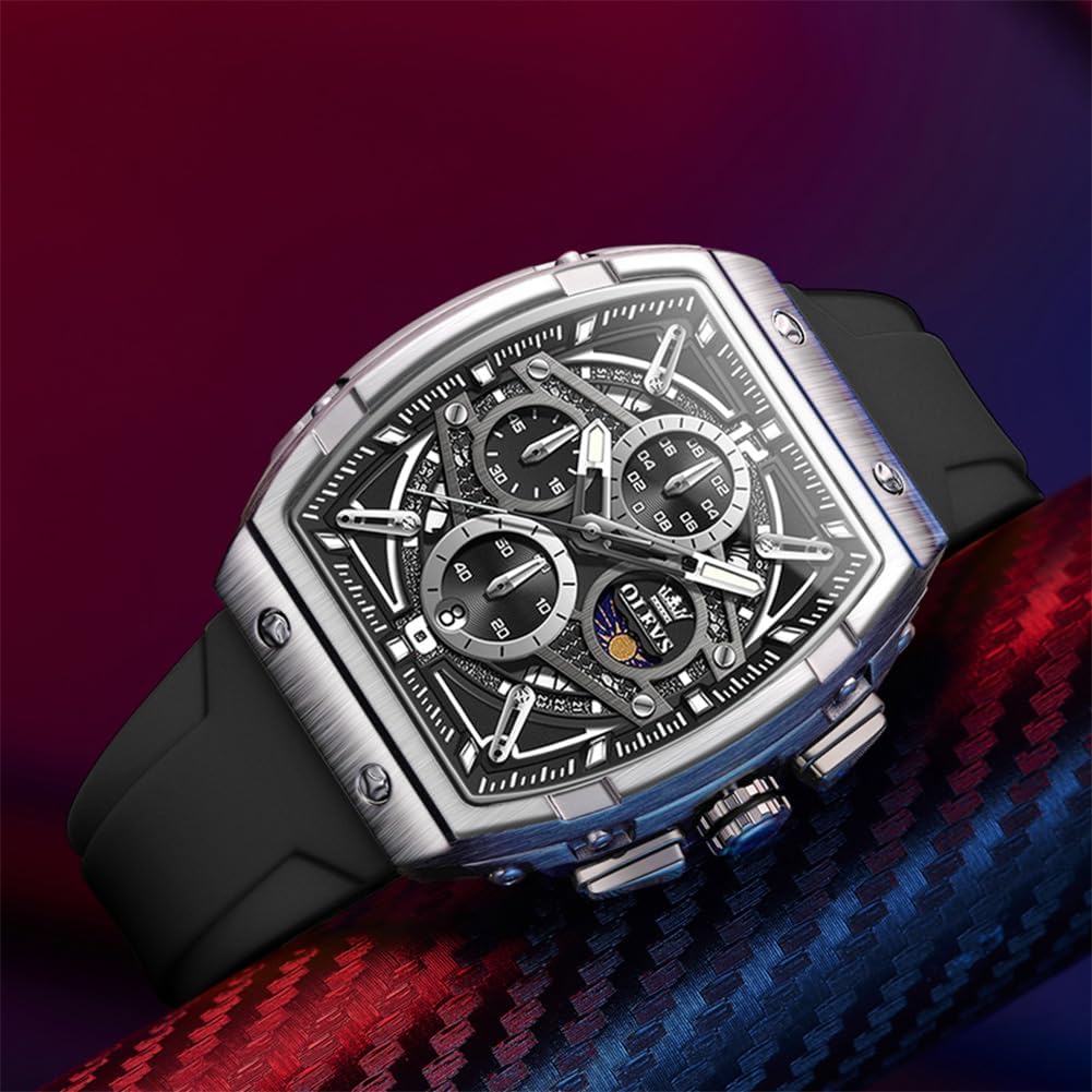 HOTOLEVS Men Watches Business Dress Chronograph Big Square Quartz Analog Male Watch Silicone Strap Waterproof Date Gift Mens Wrsit Watch Silver