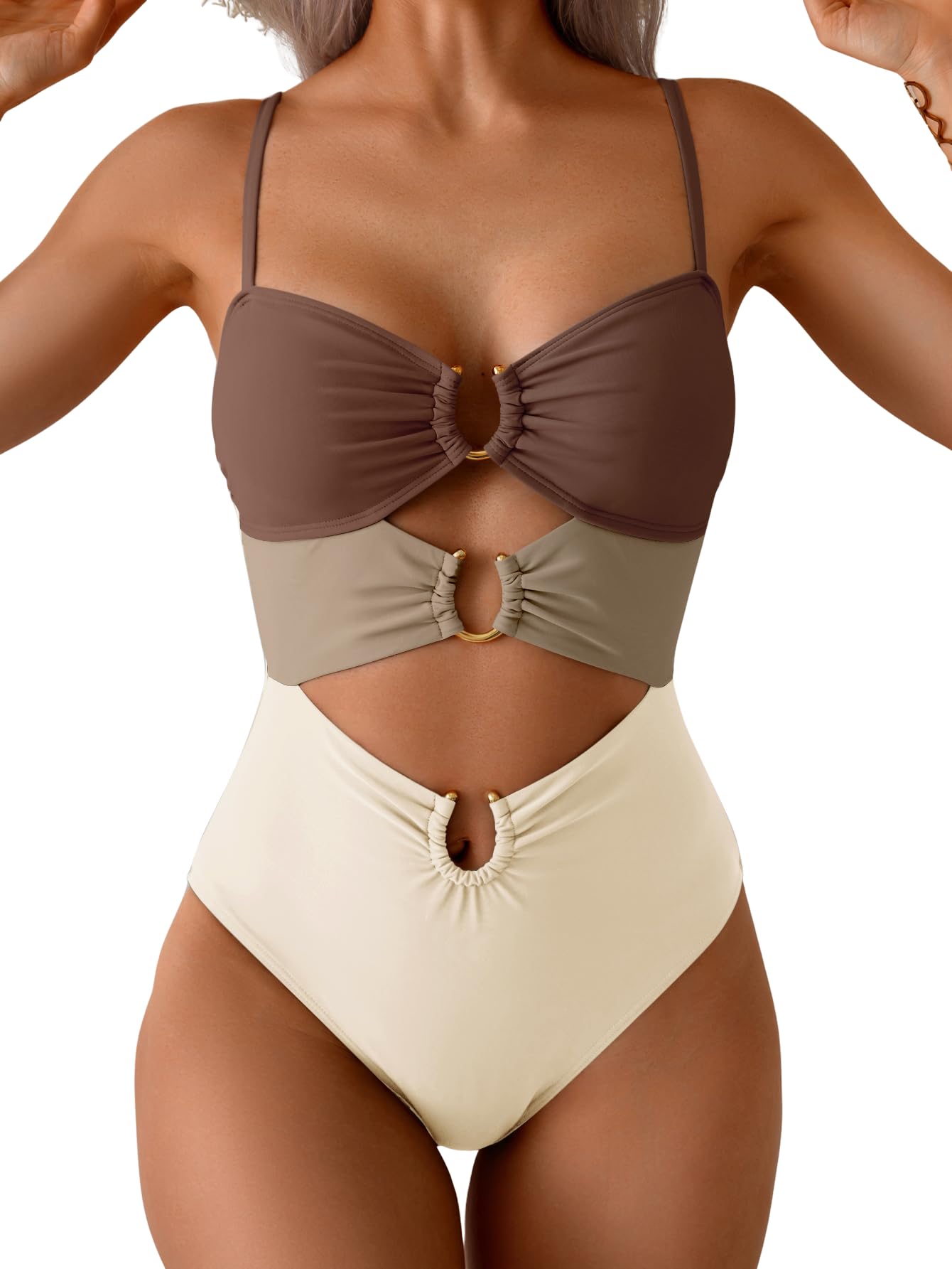 HOTEomenie Womens Cutout One Piece Swimsuit Sexy Bathing Suit | Ring Linked, Adjustable Spaghetti Straps, Bra Support, Soft Removable Cups, Monokini for Beach Vacation, Pool Side