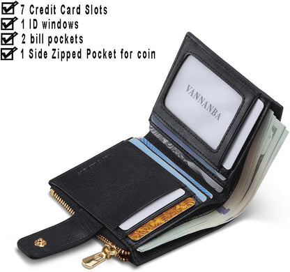 HOTSmall Wallet for Women Genuine Leather Bifold Zipper Front Pocket Compact RFID Blocking Credit Card Case Purse with Gift Box