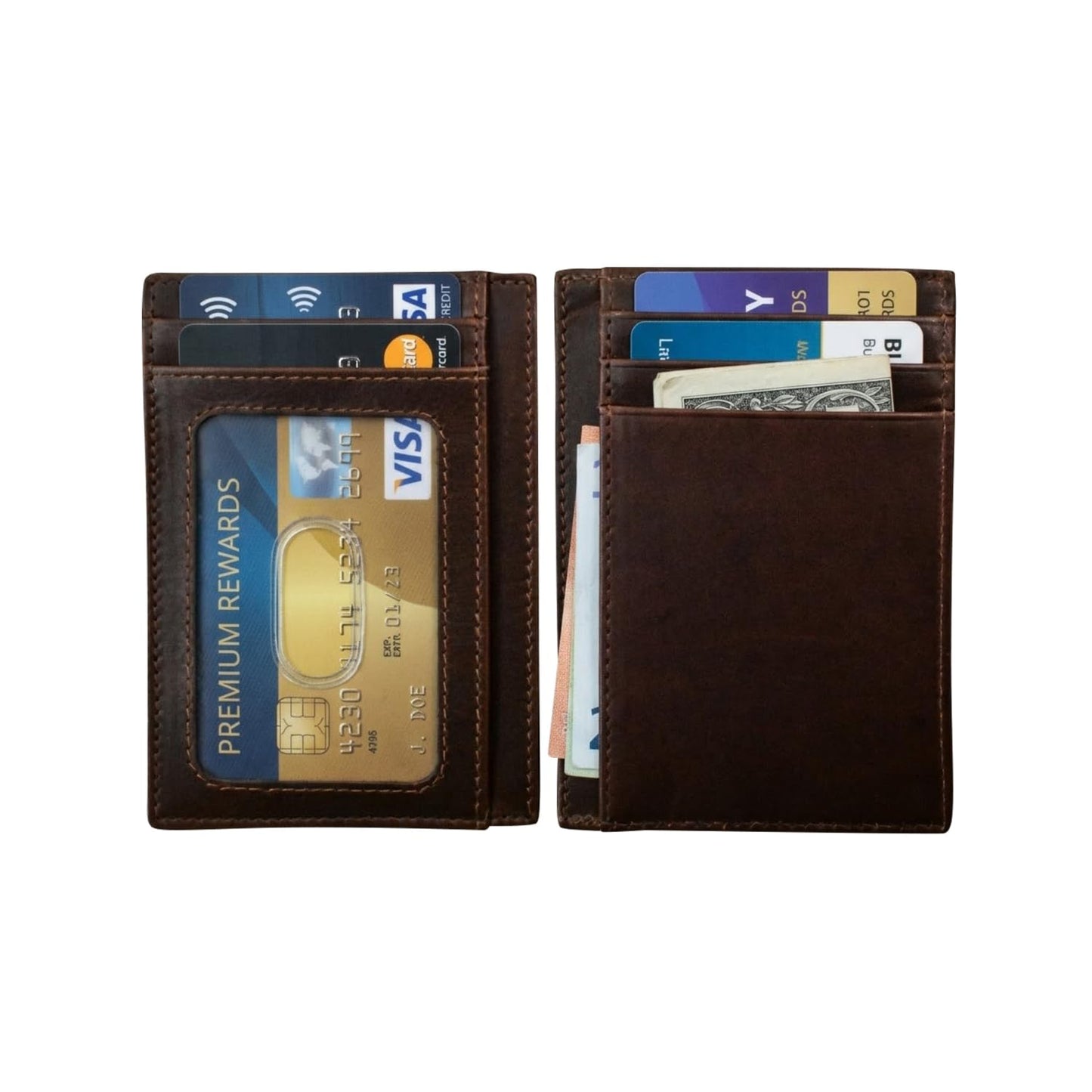 HOTili New York Genuine Leather Slim RFID Card Holder for Men - 7 Slots, Clear ID Window with Thumb Slide, Compact 4.5" x 3", Minimalist Credit Card Holder for Front or Back Pocket - Antique Saddle