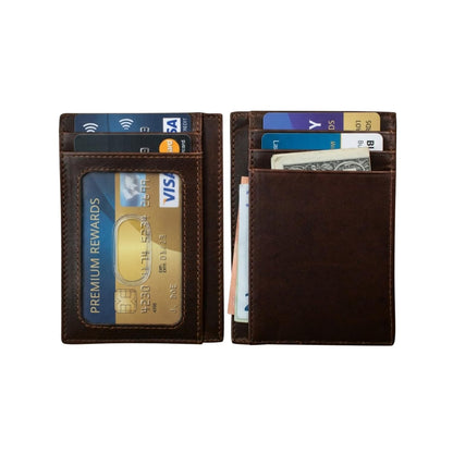 HOTili New York Genuine Leather Slim RFID Card Holder for Men - 7 Slots, Clear ID Window with Thumb Slide, Compact 4.5" x 3", Minimalist Credit Card Holder for Front or Back Pocket - Antique Saddle
