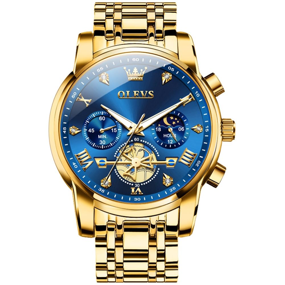 HOTOLEVS Mens Watches Chronograph Watch Luxury Dress Stainless Steel Waterproof Watches for Men Moon Phase Luminous Business Calendar Wrist Watch Blue/Black/Green/Gold/Face