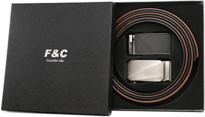 HOTFounders & C Mens Belt 2 Pack,Leather Ratchet Click Belt Dress with Slide Buckle 1 3/8" in Gift Set Box- Size Adjustable