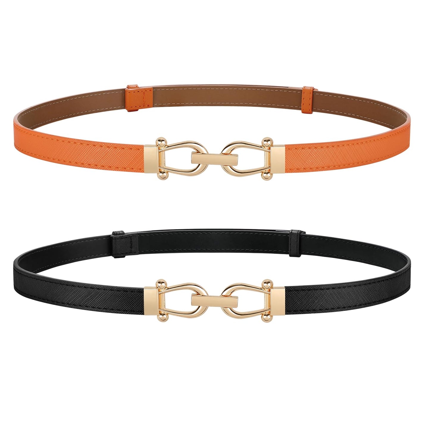 HOTJASGOOD 2 Pack Thin Belts for Women Fashion Skinny Leather Waist Belts for Jeans Pants Dresses with Gold Buckle