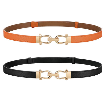 HOTJASGOOD 2 Pack Thin Belts for Women Fashion Skinny Leather Waist Belts for Jeans Pants Dresses with Gold Buckle