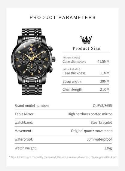HOTOLEVS Watch for Men Diamond Business Dress Analog Quartz Stainless Steel Waterproof Luminous Date Two Tone Luxury Casual Wrist Watch Blue