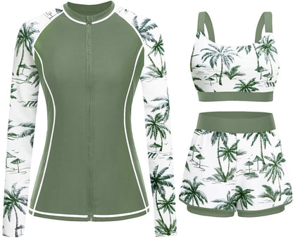 HOTDaci 3 Piece Rash Guard Set with 3'' Shorts | UPF 50+ Sun Protection, Long Sleeve Swim Shirt, High Rise, Built-in Bra, Removable Pads, for Beach, Pool, and Surfing