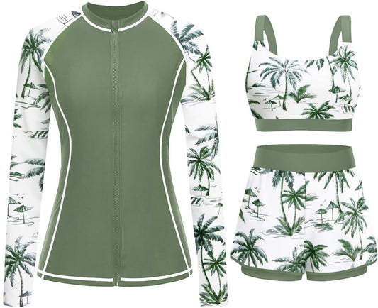 HOTDaci 3 Piece Rash Guard Set with 3'' Shorts | UPF 50+ Sun Protection, Long Sleeve Swim Shirt, High Rise, Built-in Bra, Removable Pads, for Beach, Pool, and Surfing