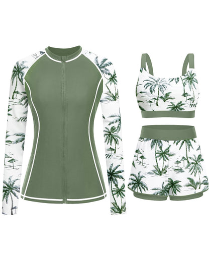 HOTDaci 3 Piece Rash Guard Set with 3'' Shorts | UPF 50+ Sun Protection, Long Sleeve Swim Shirt, High Rise, Built-in Bra, Removable Pads, for Beach, Pool, and Surfing