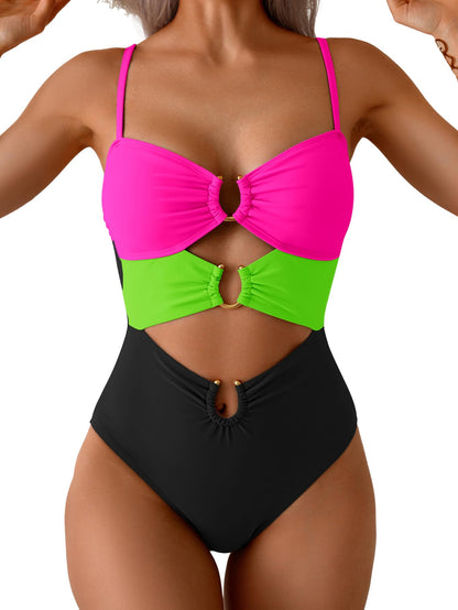 HOTEomenie Womens Cutout One Piece Swimsuit Sexy Bathing Suit | Ring Linked, Adjustable Spaghetti Straps, Bra Support, Soft Removable Cups, Monokini for Beach Vacation, Pool Side