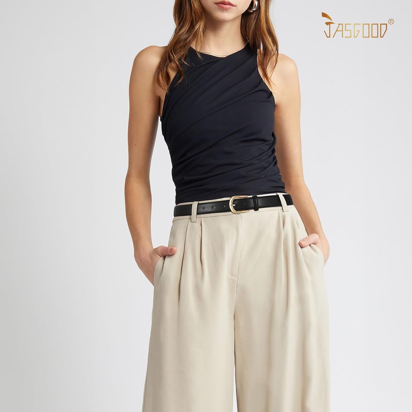 HOTJASGOOD Leather Belt Women Belts for Jean Pants with Gold Buckle Fashion Ladies Waist Belt