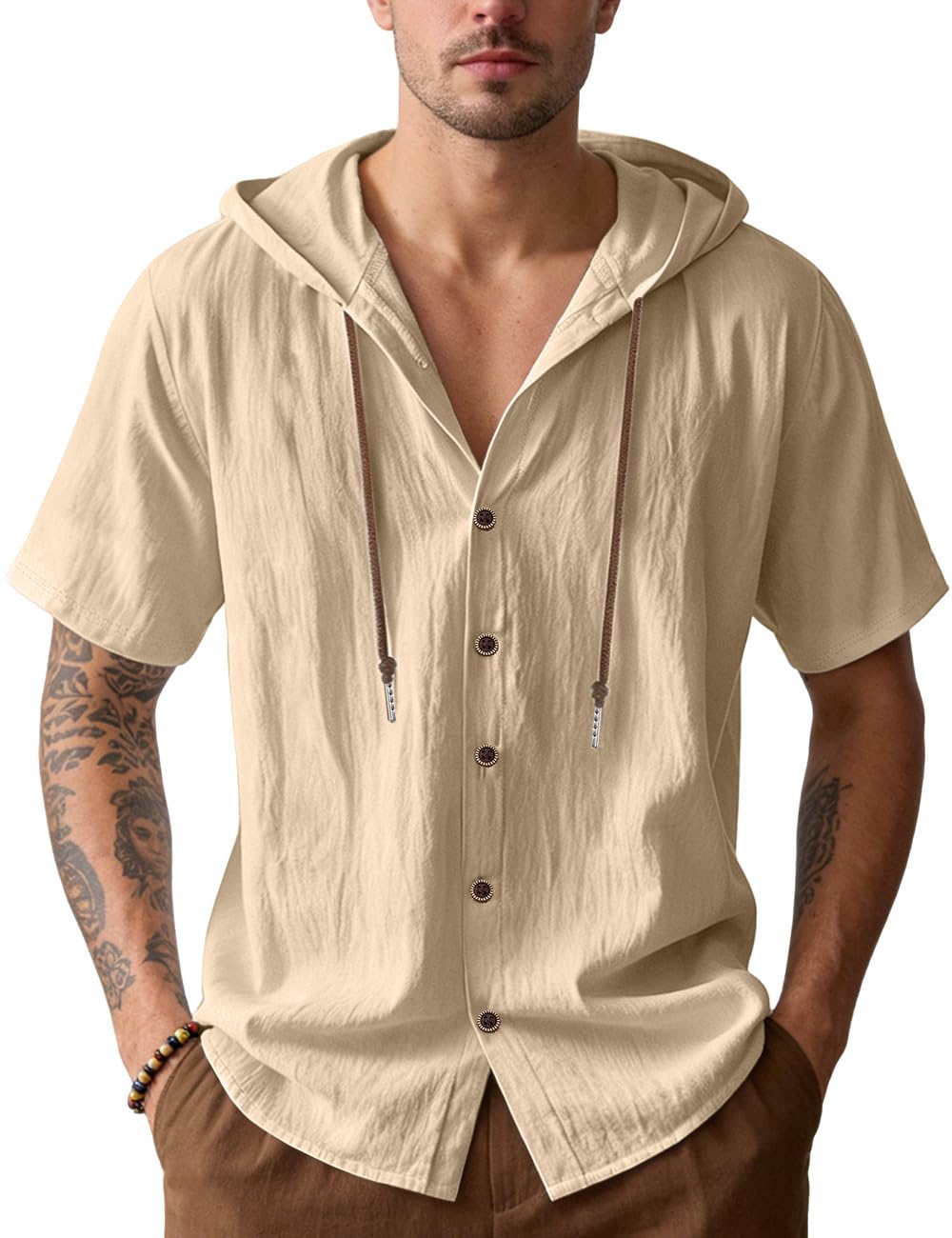 HOTMen's Cotton Linen Shirts Short Sleeve Casual Sweatshirts Button Down Summer Beach Wedding Shirts with Hoodies