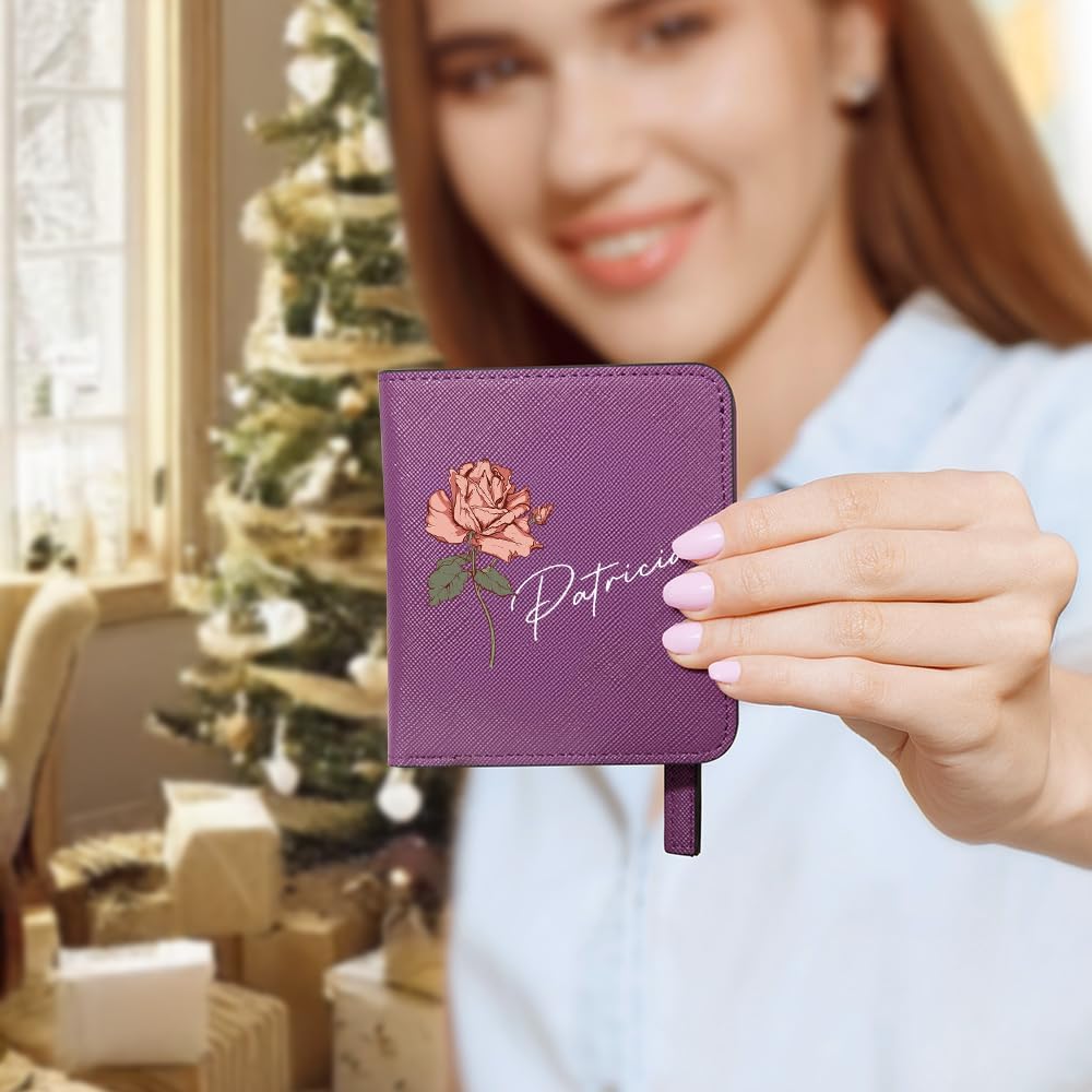 HOTCALLIE Womens Wallet Personalized - Custom Birth Flower and Name on Leather Bifold Pocket Wallet - Mother's Day Gift for Women, Wife, Grandma