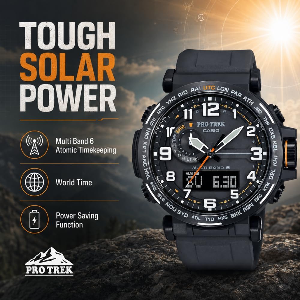 HOTCasio PRW6600Y Series | Pro Trek | 100M WR | Compass | Alt/Baro-Thermo | Tough Solar Power | Atomic Timekeeping | 1-100 SEC Stopwatch | Countdown Timer | World Time