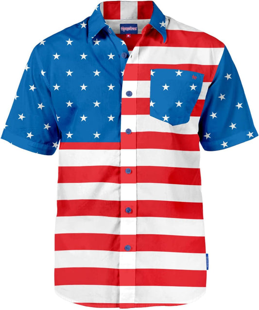 HOTTipsy Elves Patriotic Shirts for Men - USA Short Sleeve Button Up American Flag Shirts for Men for 4th of July