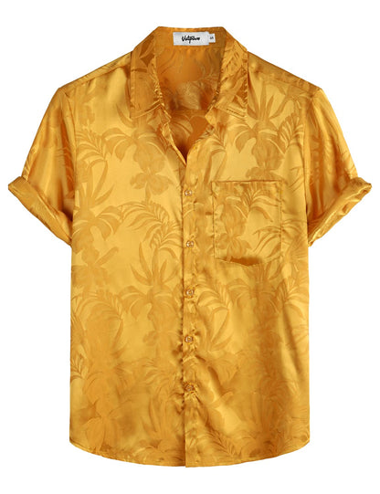 HOTVATPAVE Mens Silk Satin Hawaiian Shirt Short Sleeve Button Down Shirts | Hawaii, Summer, Beach, Vacation, Tropical, Resort Wear, Jacquard, Going Out, Rave, Cool, Club, Floral, Holiday, with Pocket