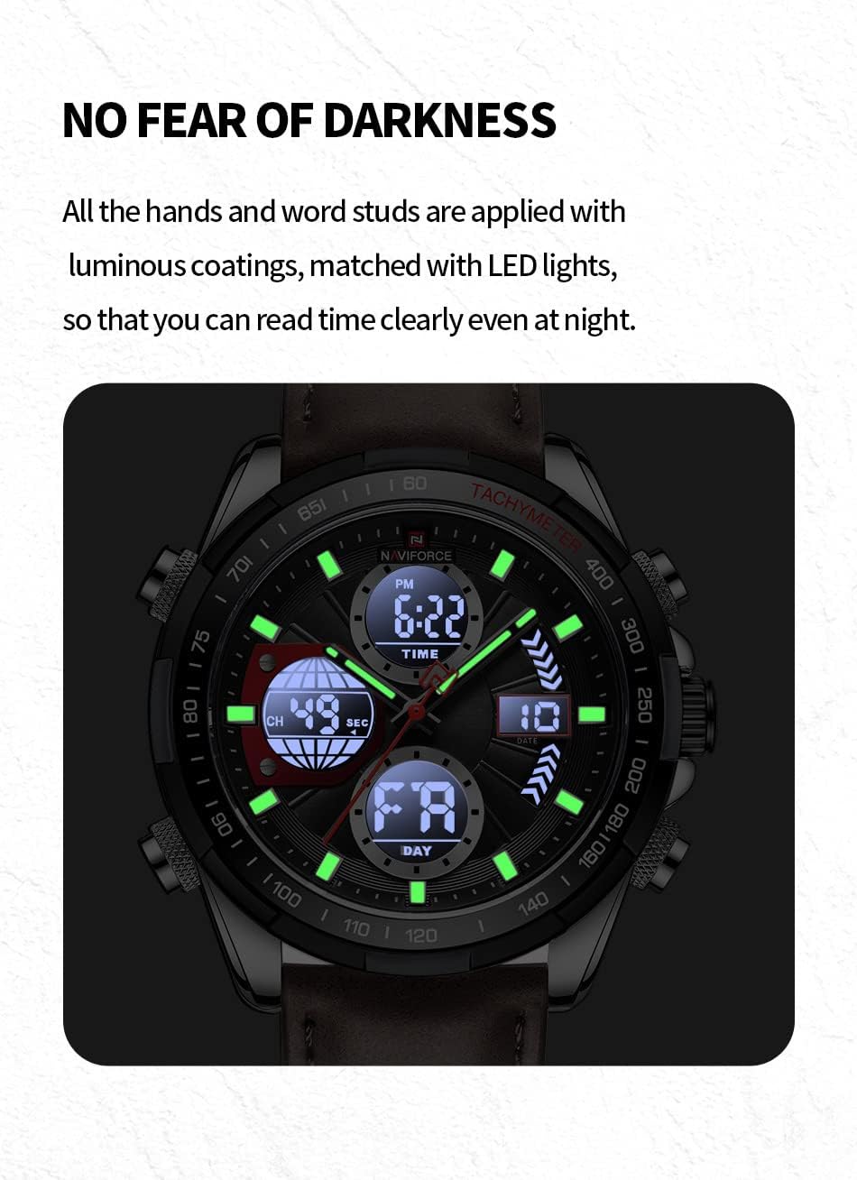 HOTNAVIFORCE Men's Military Digital Watches Analog Quartz Waterproof Watch Sport Multifunctional Leather Wristwatch