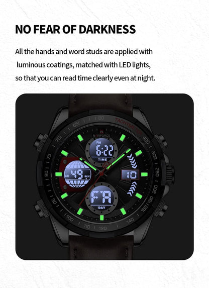 HOTNAVIFORCE Men's Military Digital Watches Analog Quartz Waterproof Watch Sport Multifunctional Leather Wristwatch