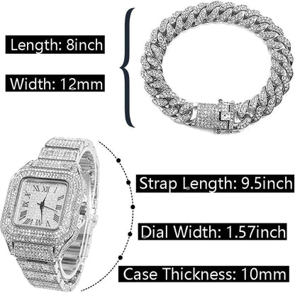 HOTApzzic Diamond Iced Out Watch CZ Gold Plated 40mm Width Roman Numerals Dial Quartz Wristband Watch for Men Women