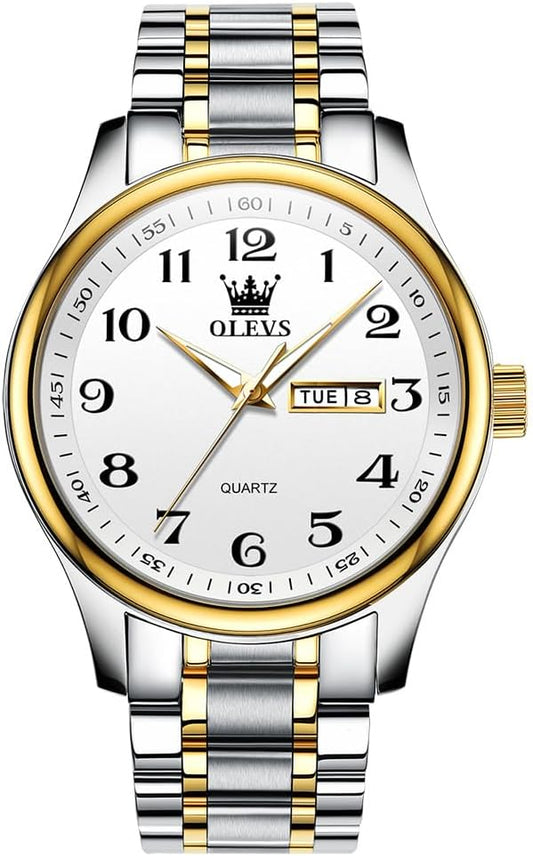 HOTOLEVS Men's Casual Stainless Steel Watch, Big Face Easy to Read Analog Quartz Watch with Day and Date, Classic Waterproof Diamond Roman Arabic Numeral Dial Dress Watch for Men, Gold Silver Black Band