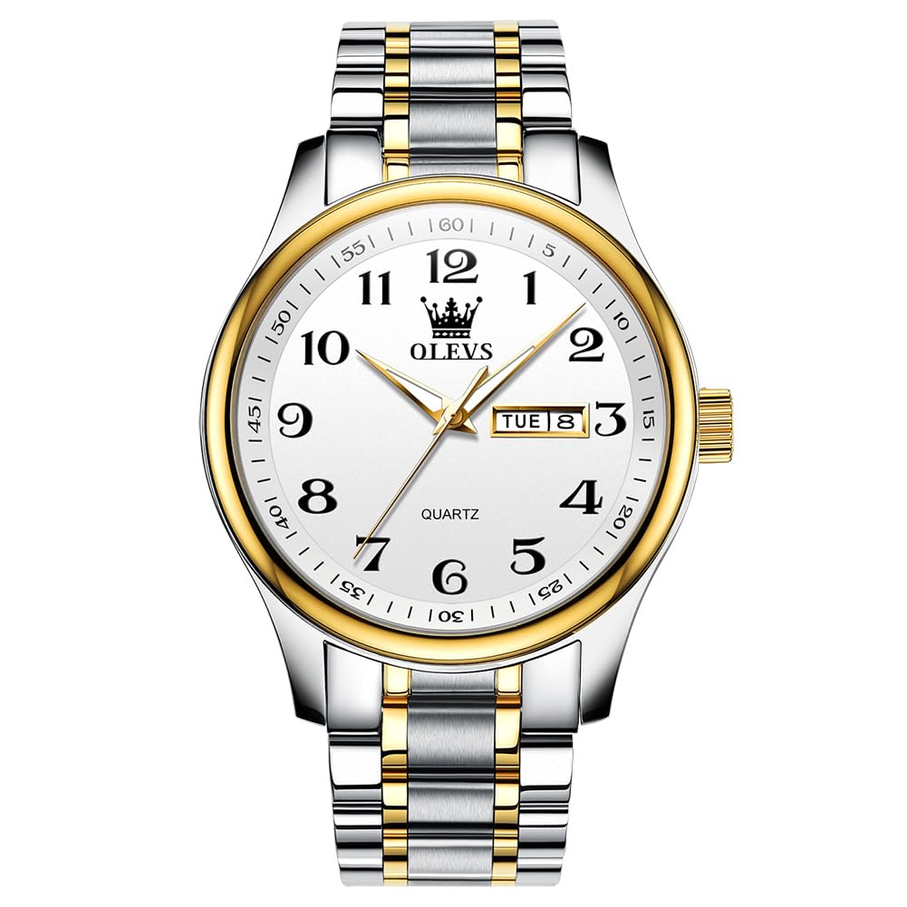 HOTOLEVS Men's Casual Stainless Steel Watch, Big Face Easy to Read Analog Quartz Watch with Day and Date, Classic Waterproof Diamond Roman Arabic Numeral Dial Dress Watch for Men, Gold Silver Black Band