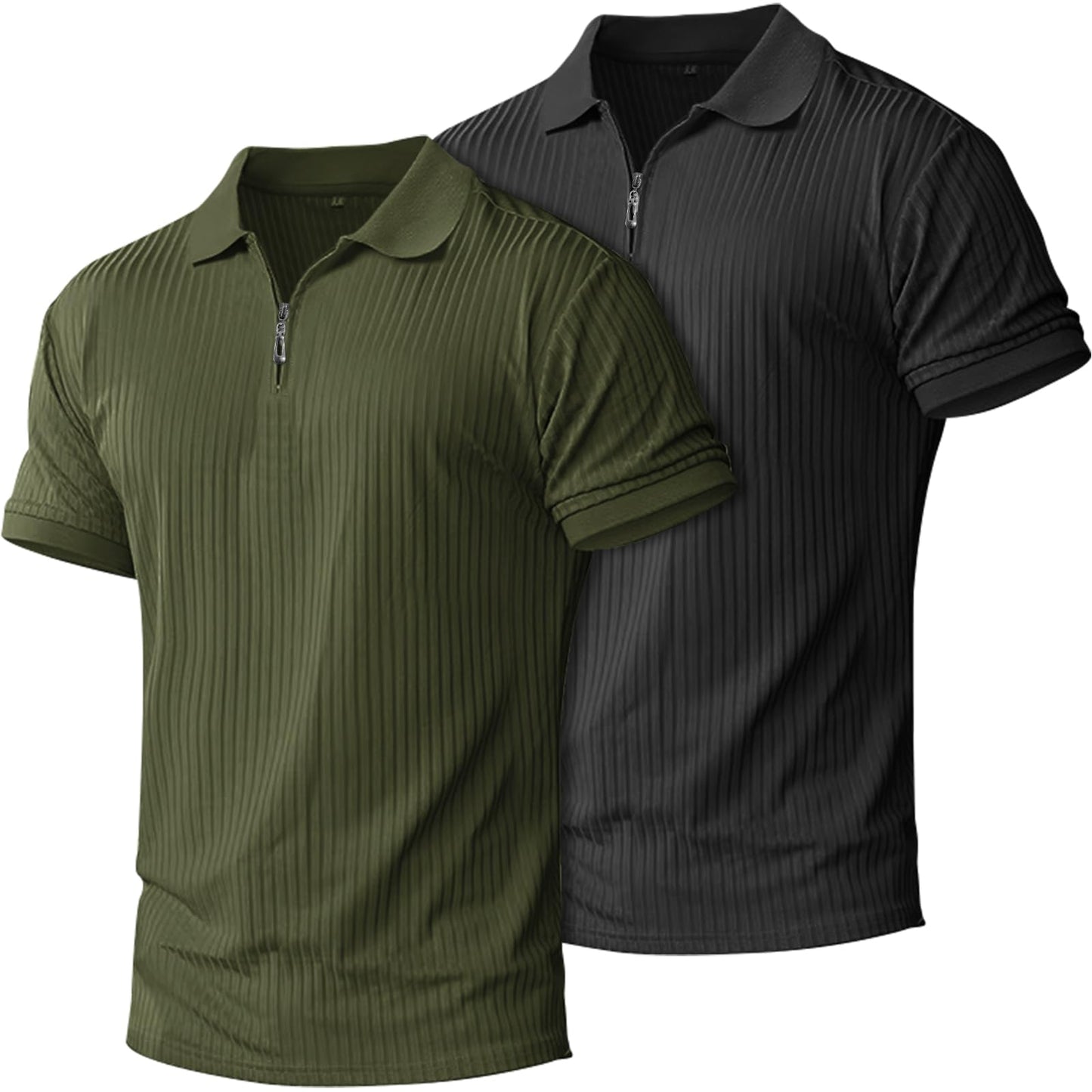 HOTplop 2 Pack Mens 1/4 Zipper Muscle Polo Shirts Slim Fit Collared Shirt Short Sleeve Ribbed Knit Fitted Casual Athletic Tee