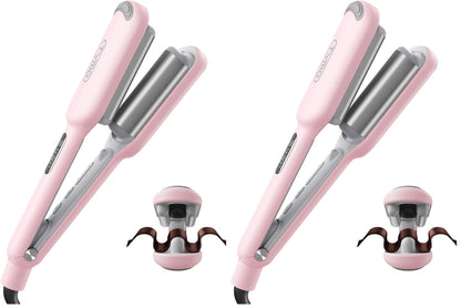 HOTCurling Iron Hair Crimper Waver - TYMO ROVY Beach Waves Curling Wand, Ionic Deep Waver Hair Curler Tool with Ceramic 3 Barrel for Women, Dual Voltage, Anti-Scald, Easy to Use, Pink, 1.25 Inch