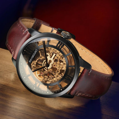 HOTFORSINING Men's Automatic Watch with Mechanical Movement, Skeleton Dial and Leather Band