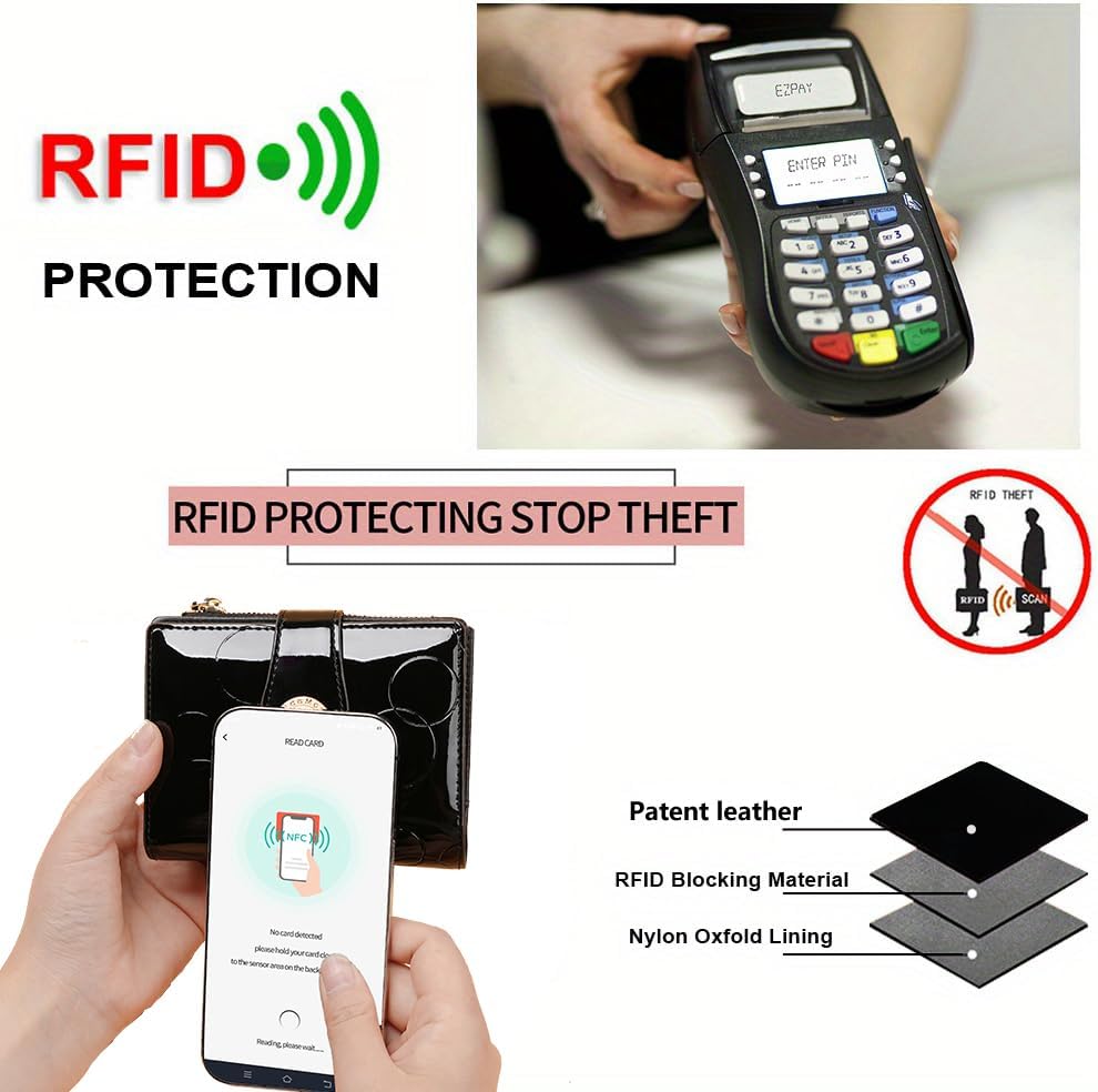 HOTFashionable genuine leather women's wallet, multiple card slots, short three fold style, zipper and snap closure, RFID shielding protection credit card clip, foldable wallet (Black)